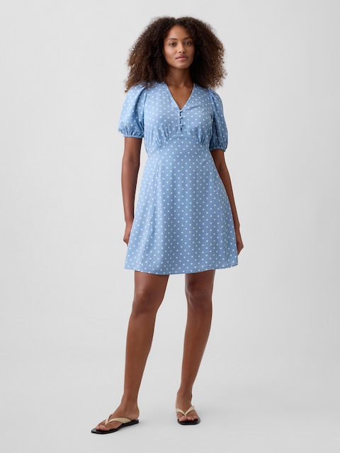 Puff Sleeve V-Neck Mini Dress