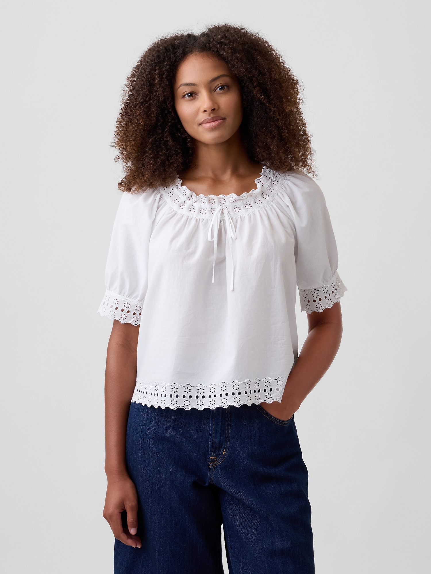 Relaxed Embroidered Tie-Front Top