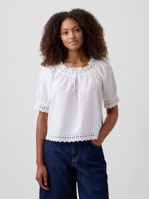 Relaxed Embroidered Tie-Front Top