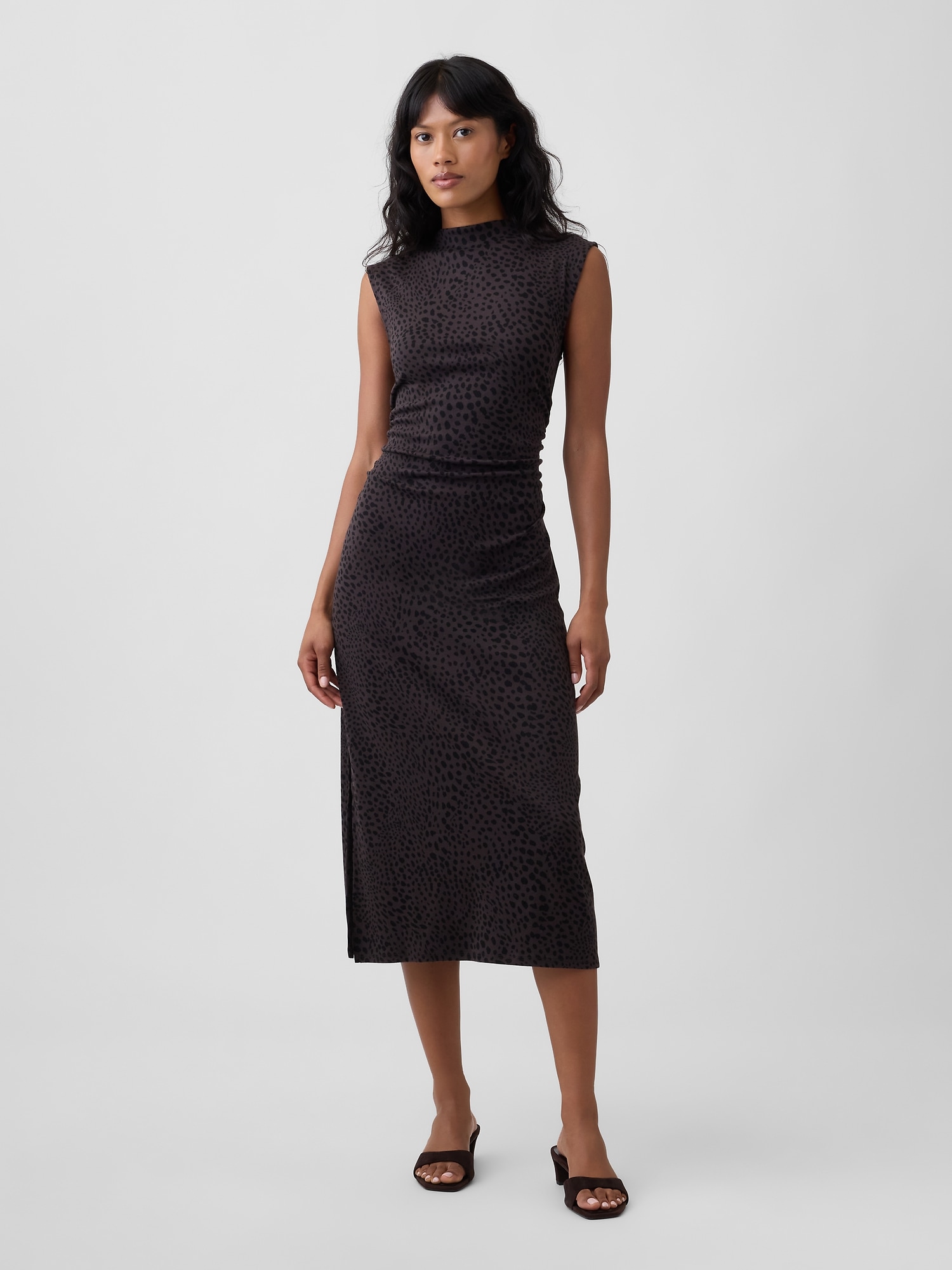 Modern Ribbed Sleeveless Mockneck Midi Dress