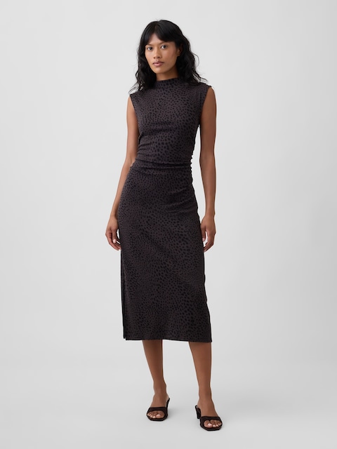 Modern Ribbed Sleeveless Mockneck Midi Dress