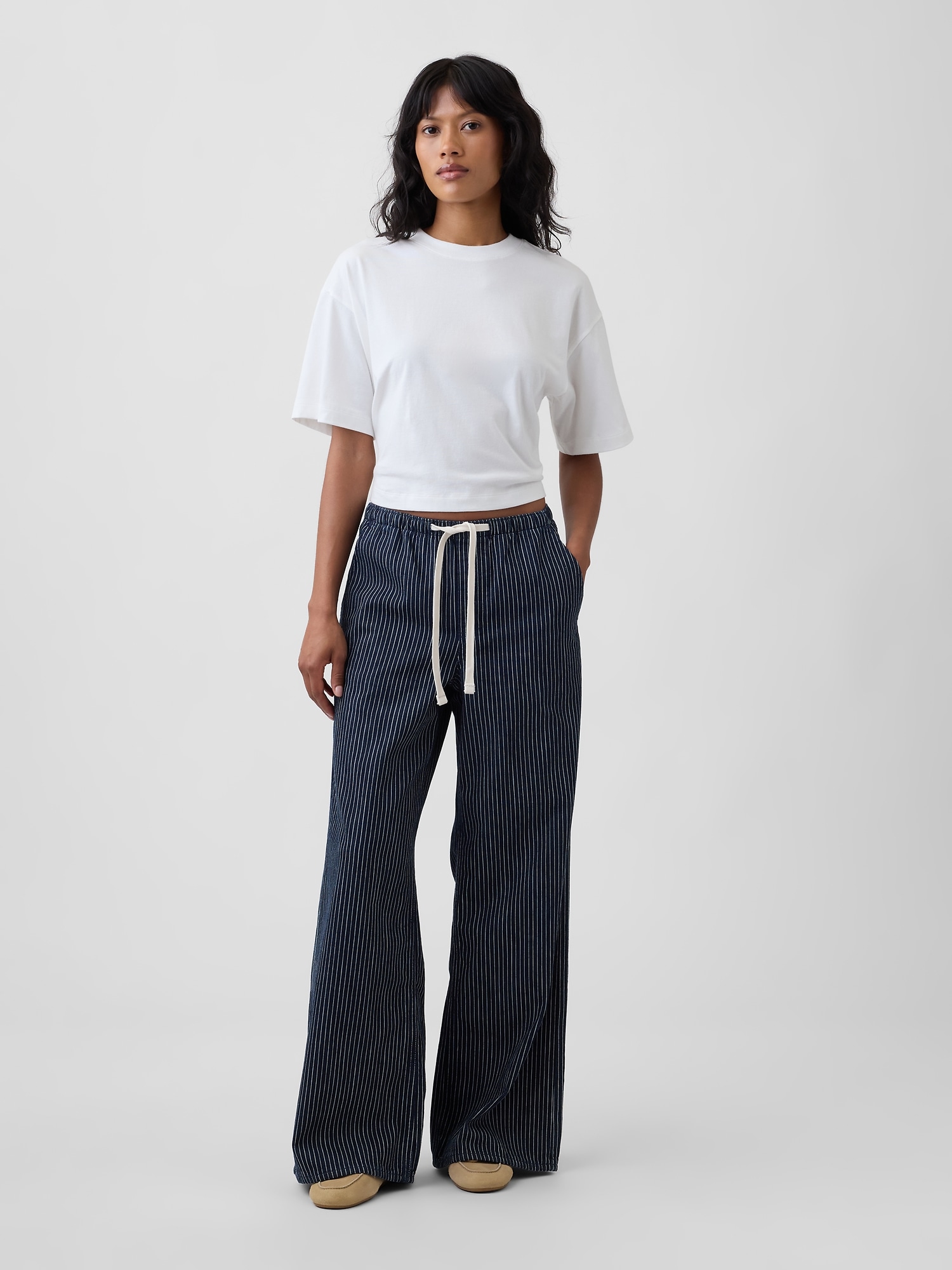 Mid Rise Railroad Stripe Pull-On Wide-Leg Jeans