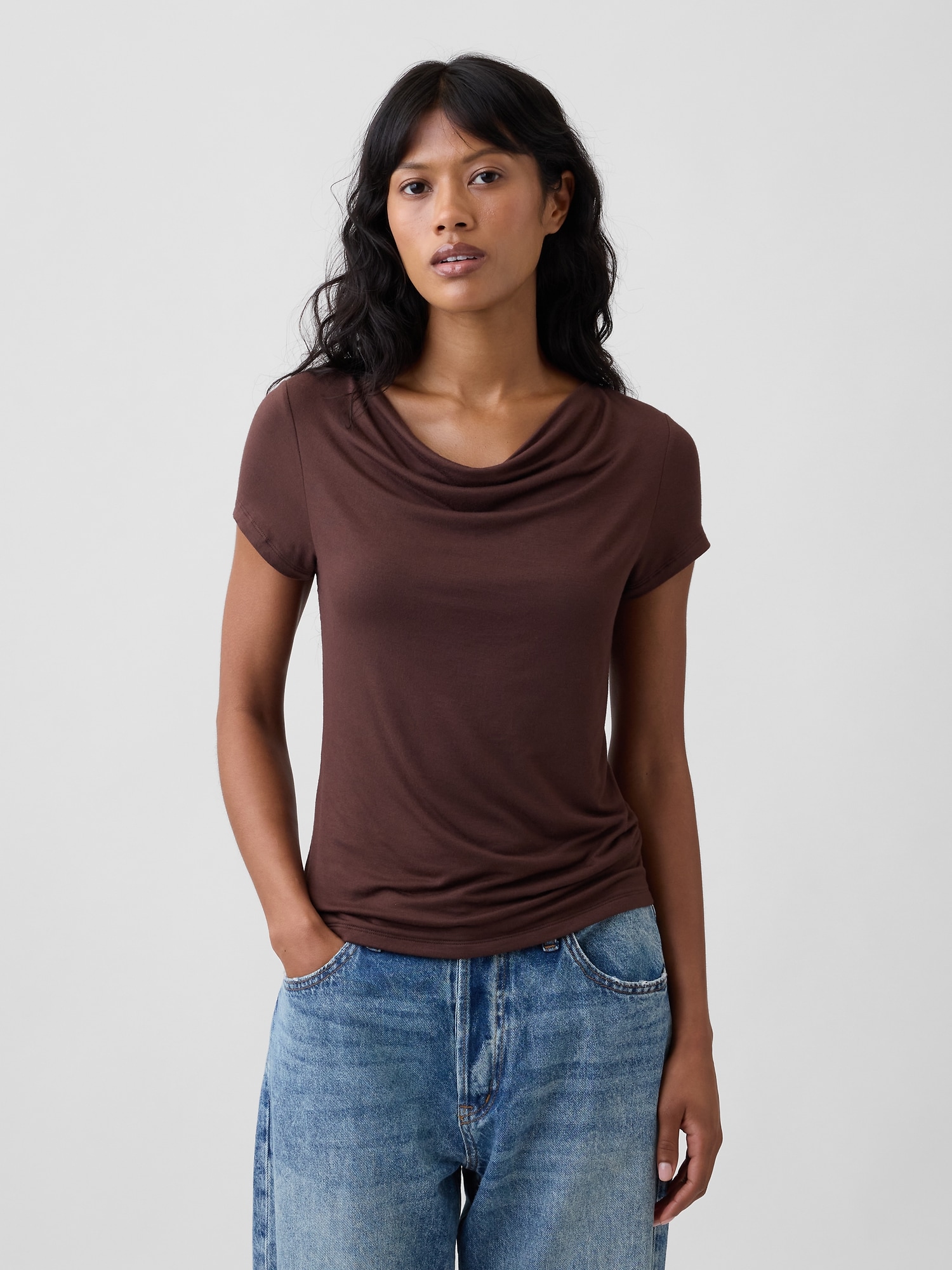 Stretch Jersey Cowl-Neck Top
