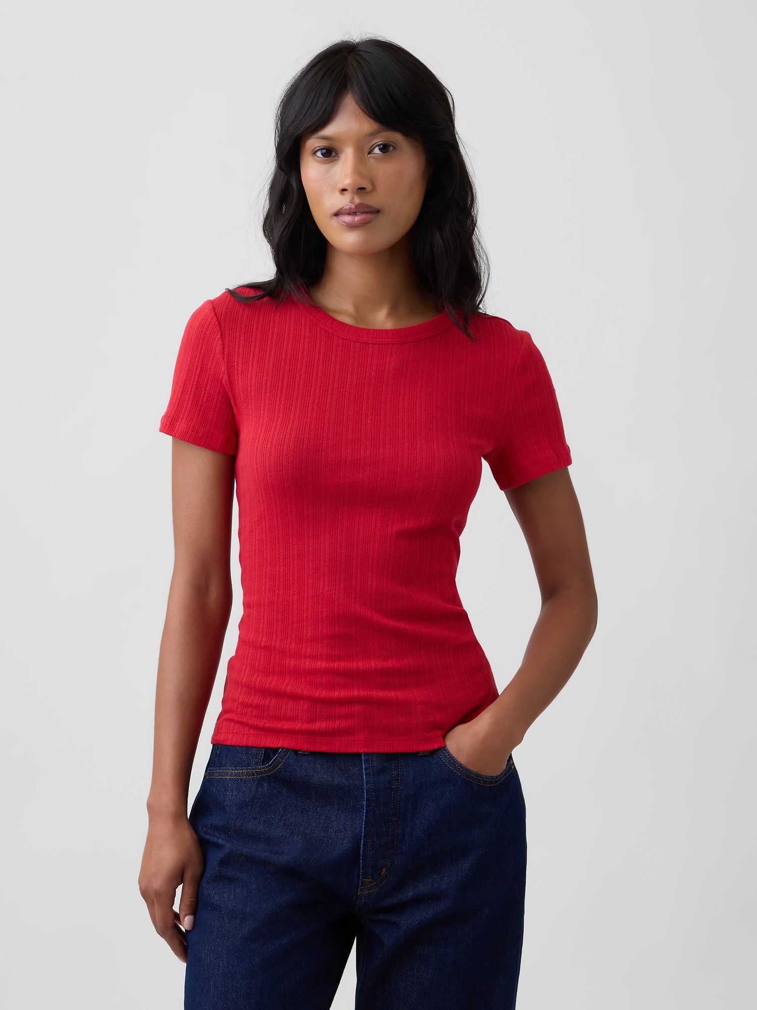 Essential Ribbed Pointelle Crewneck T-Shirt