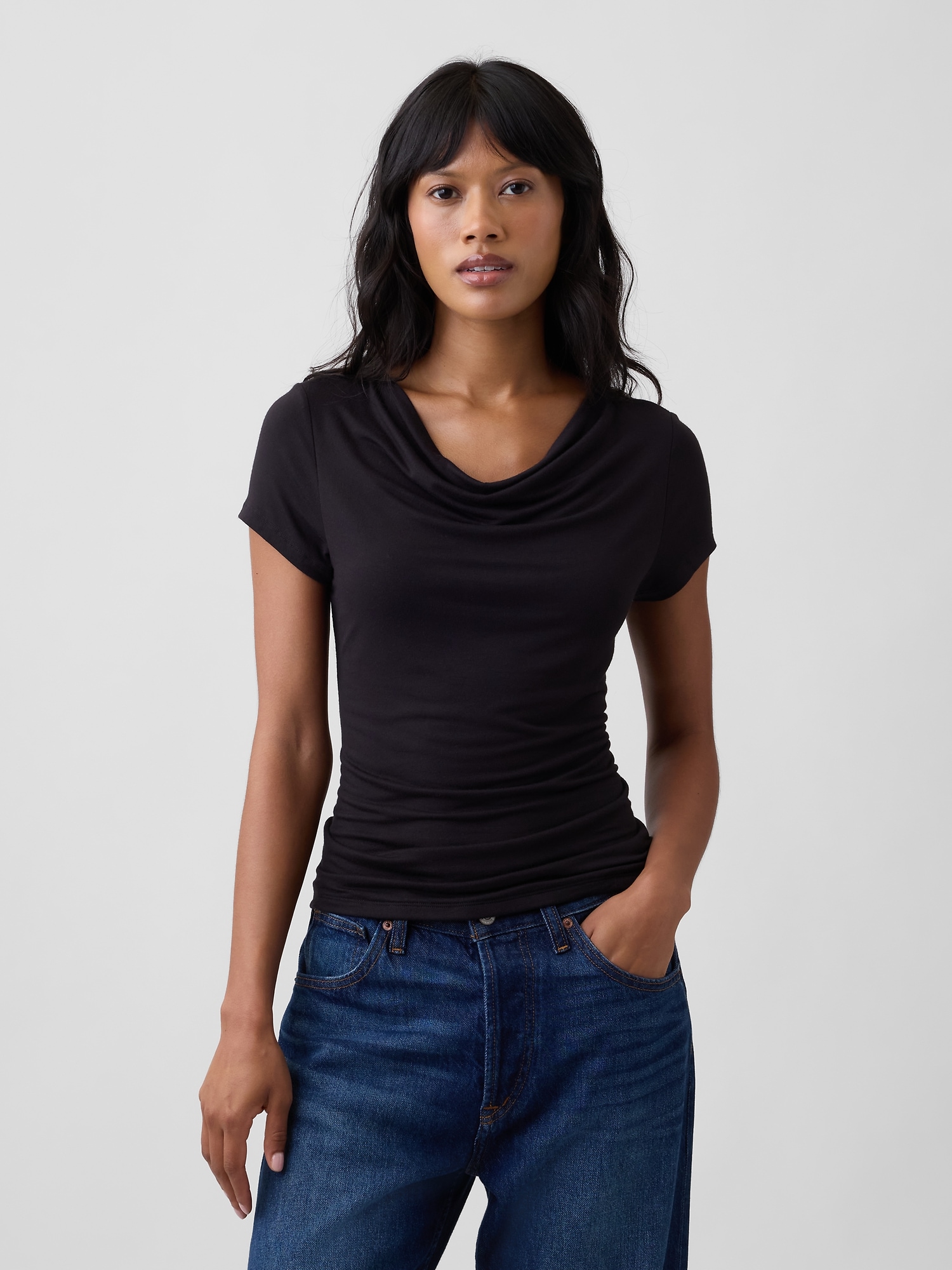 Stretch Jersey Cowl-Neck Top