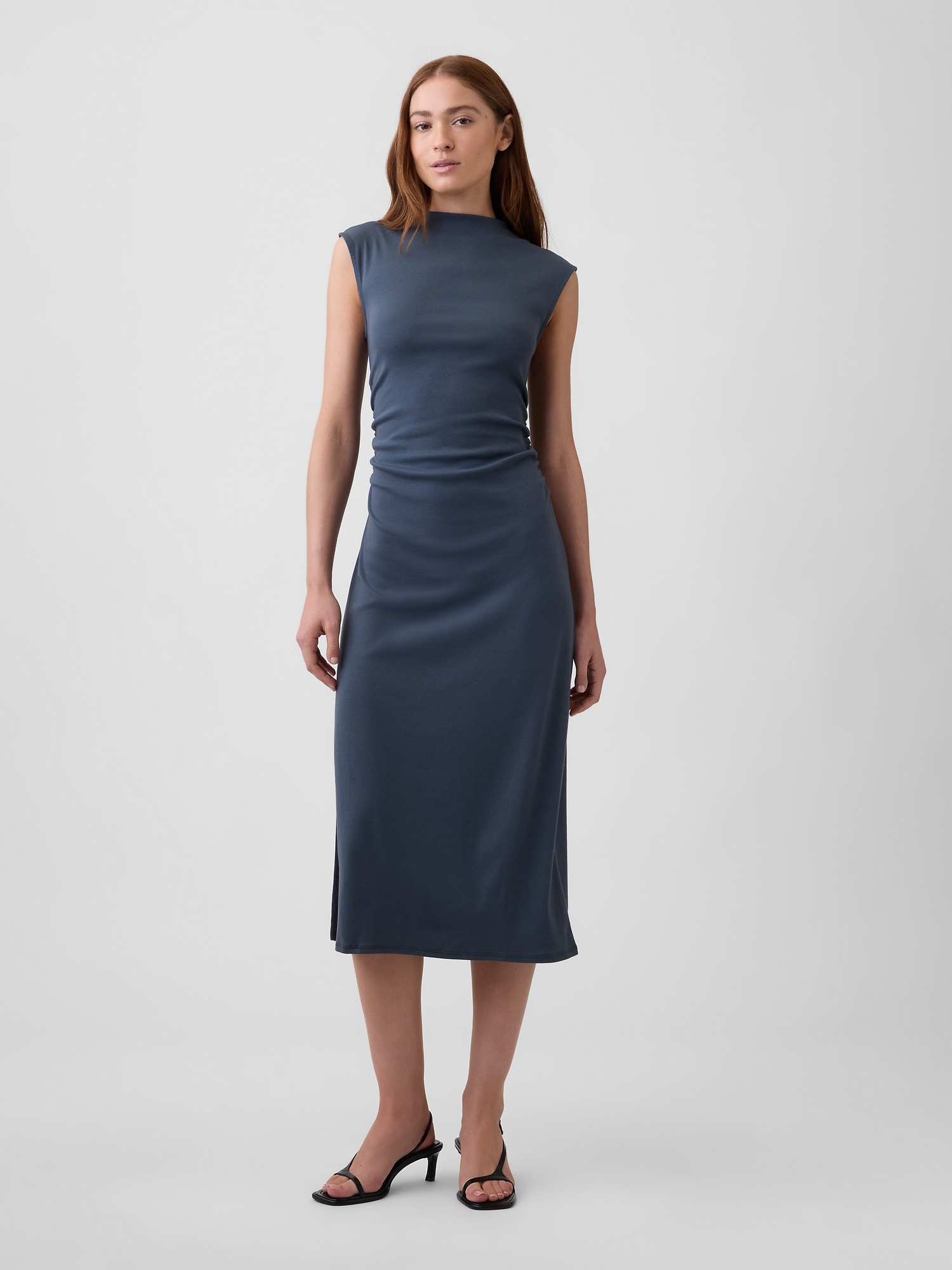 Modern Ribbed Sleeveless Mockneck Midi Dress
