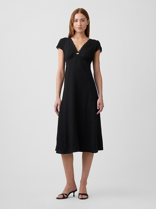 Image number 1 showing, Linen-Blend Lace-Trim Midi Dress