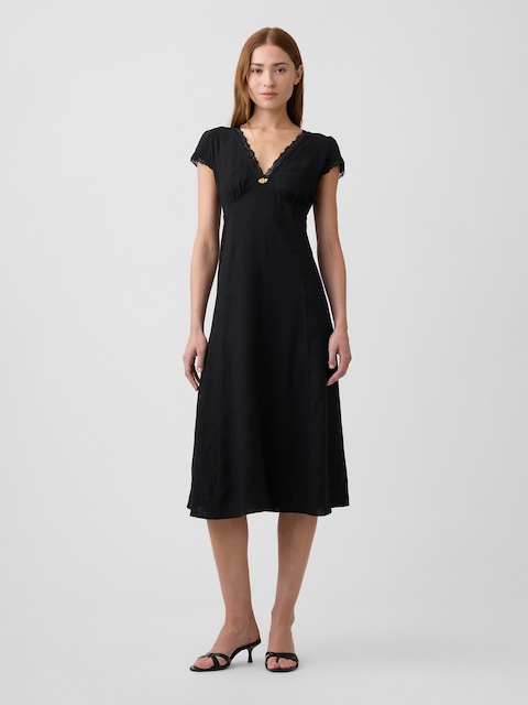 Linen-Blend Lace-Trim Midi Dress