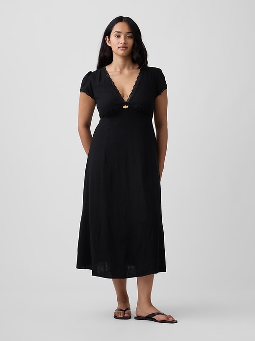 Image number 4 showing, Linen-Blend Lace-Trim Midi Dress