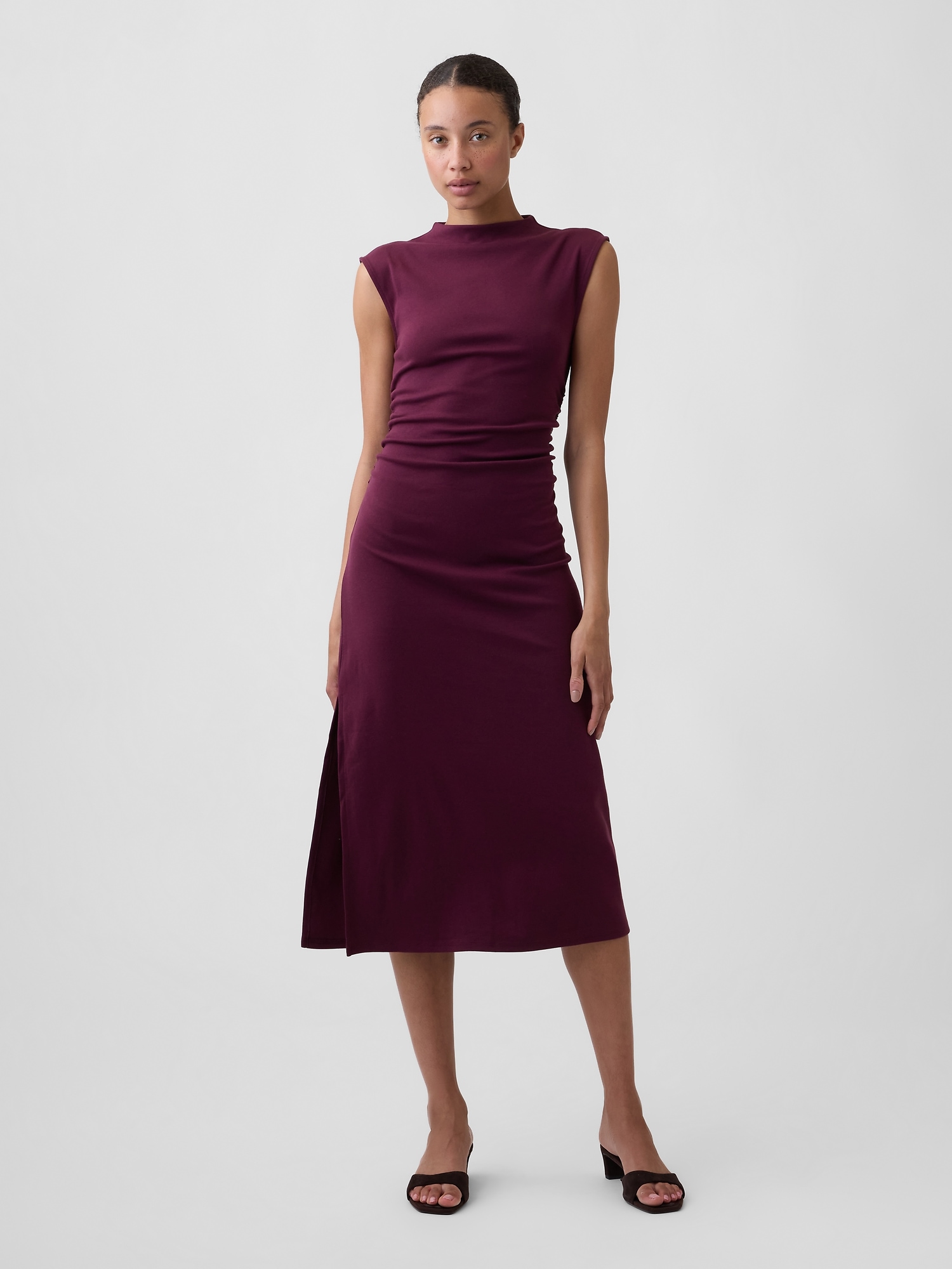Modern Ribbed Sleeveless Mockneck Midi Dress