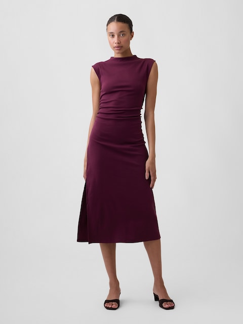 Modern Ribbed Sleeveless Mockneck Midi Dress