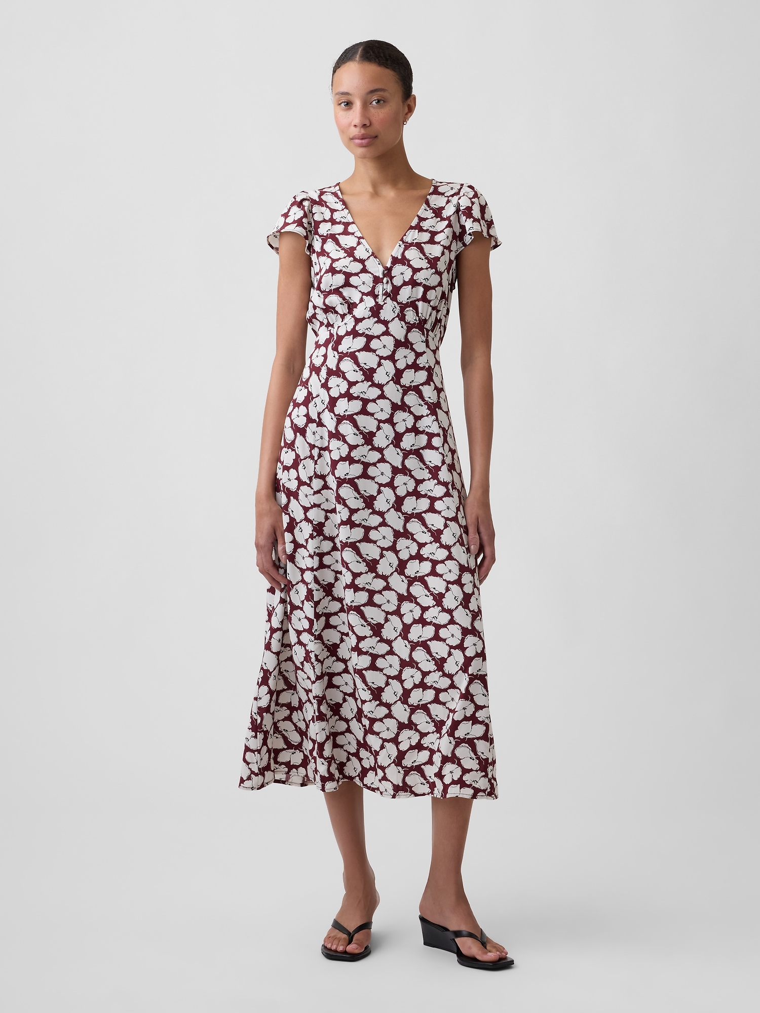 Flutter Sleeve V-Neck Midi Dress