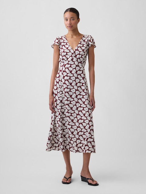 Flutter Sleeve V-Neck Midi Dress