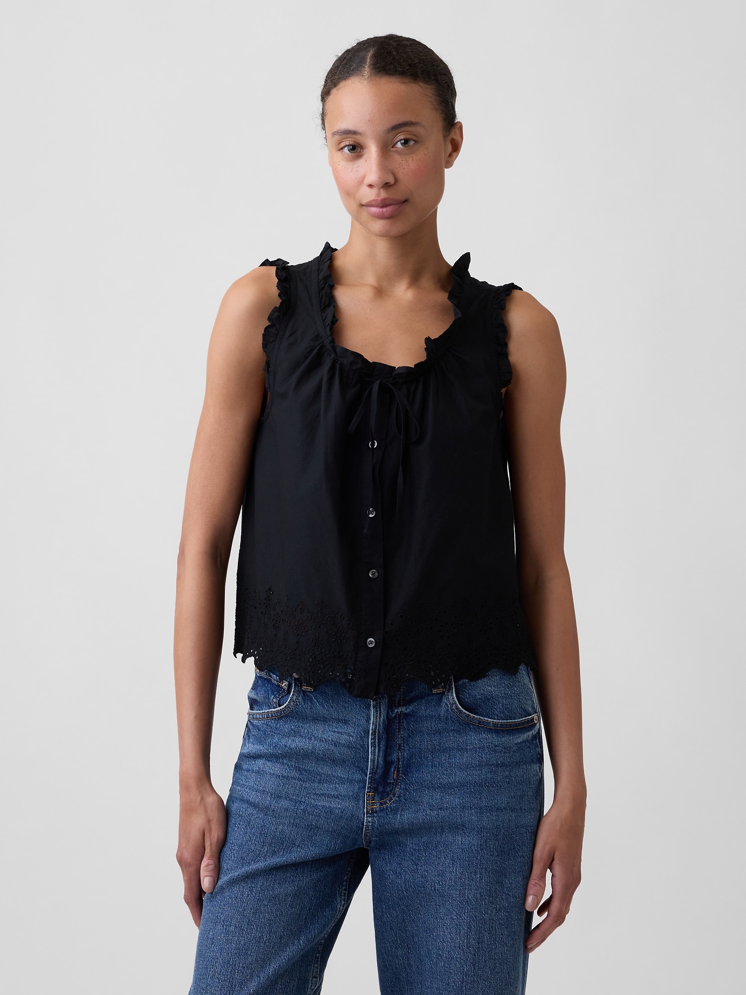 Relaxed Sleeveless Button-Up Top