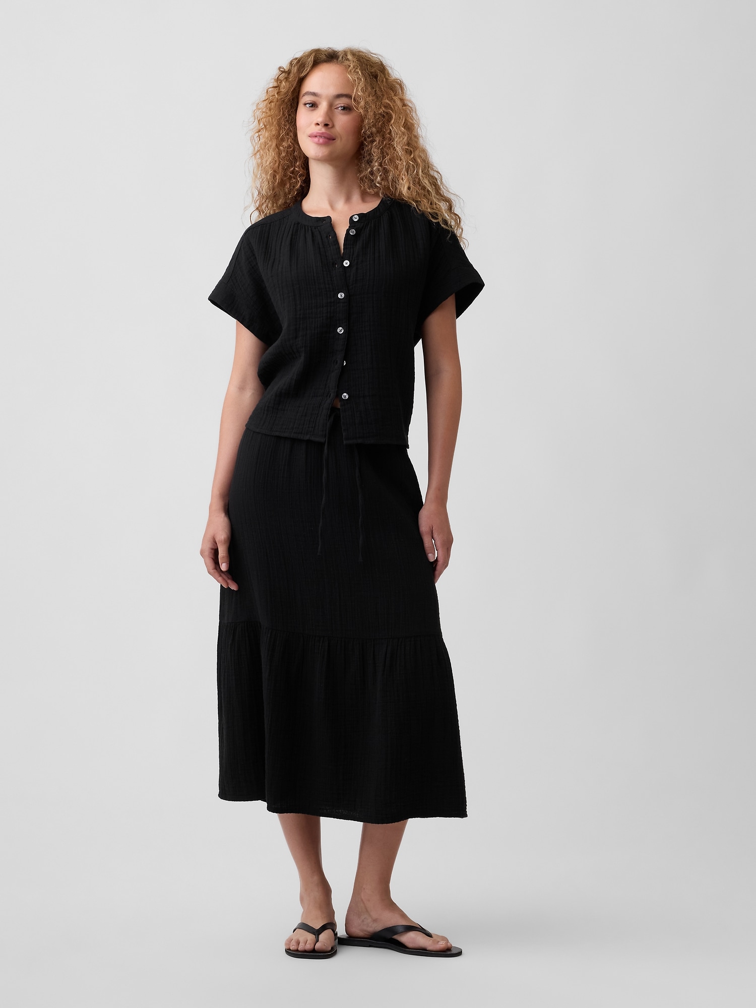 Pull-On Gauze Midi Skirt