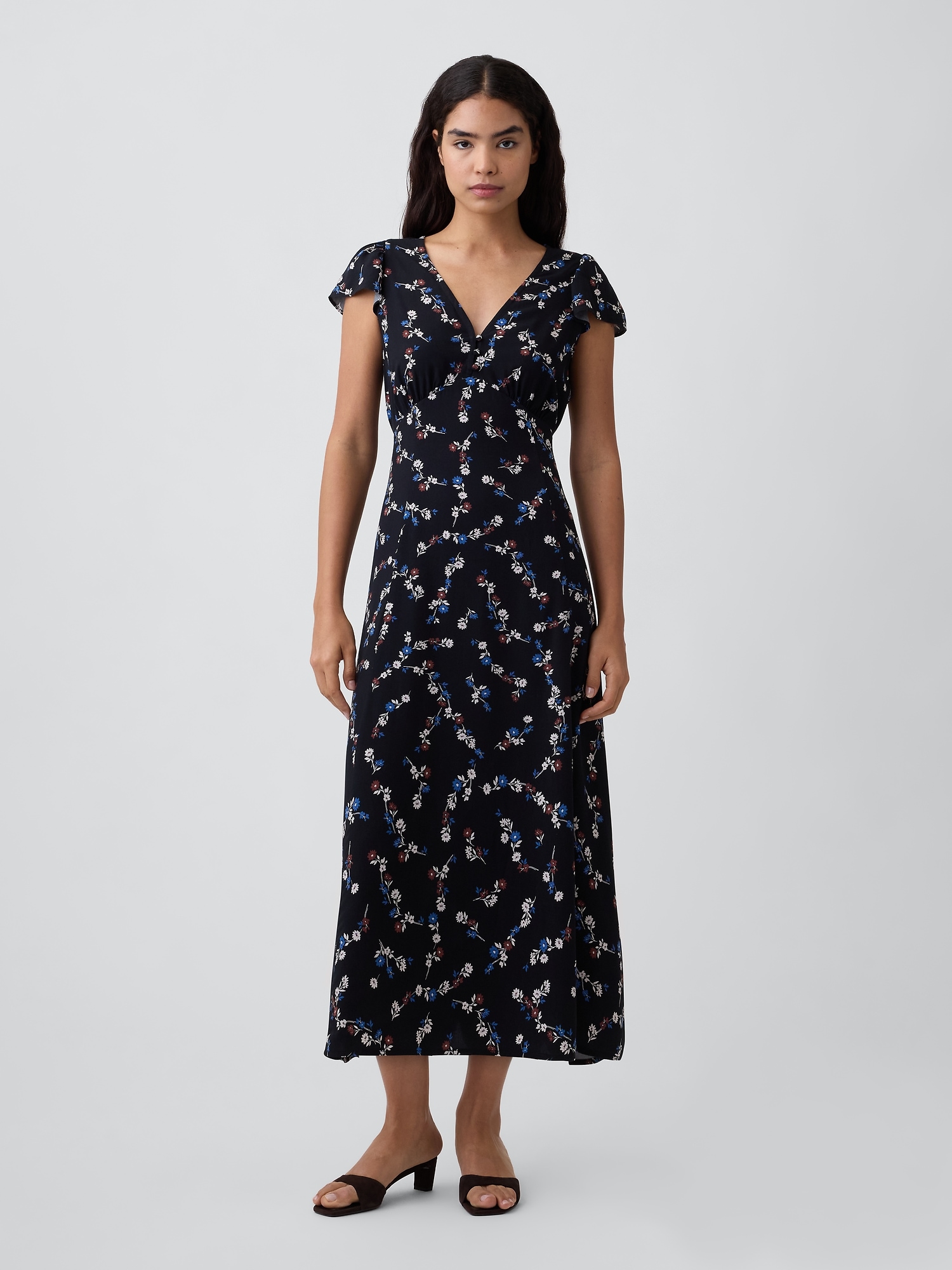 Flutter Sleeve V-Neck Midi Dress
