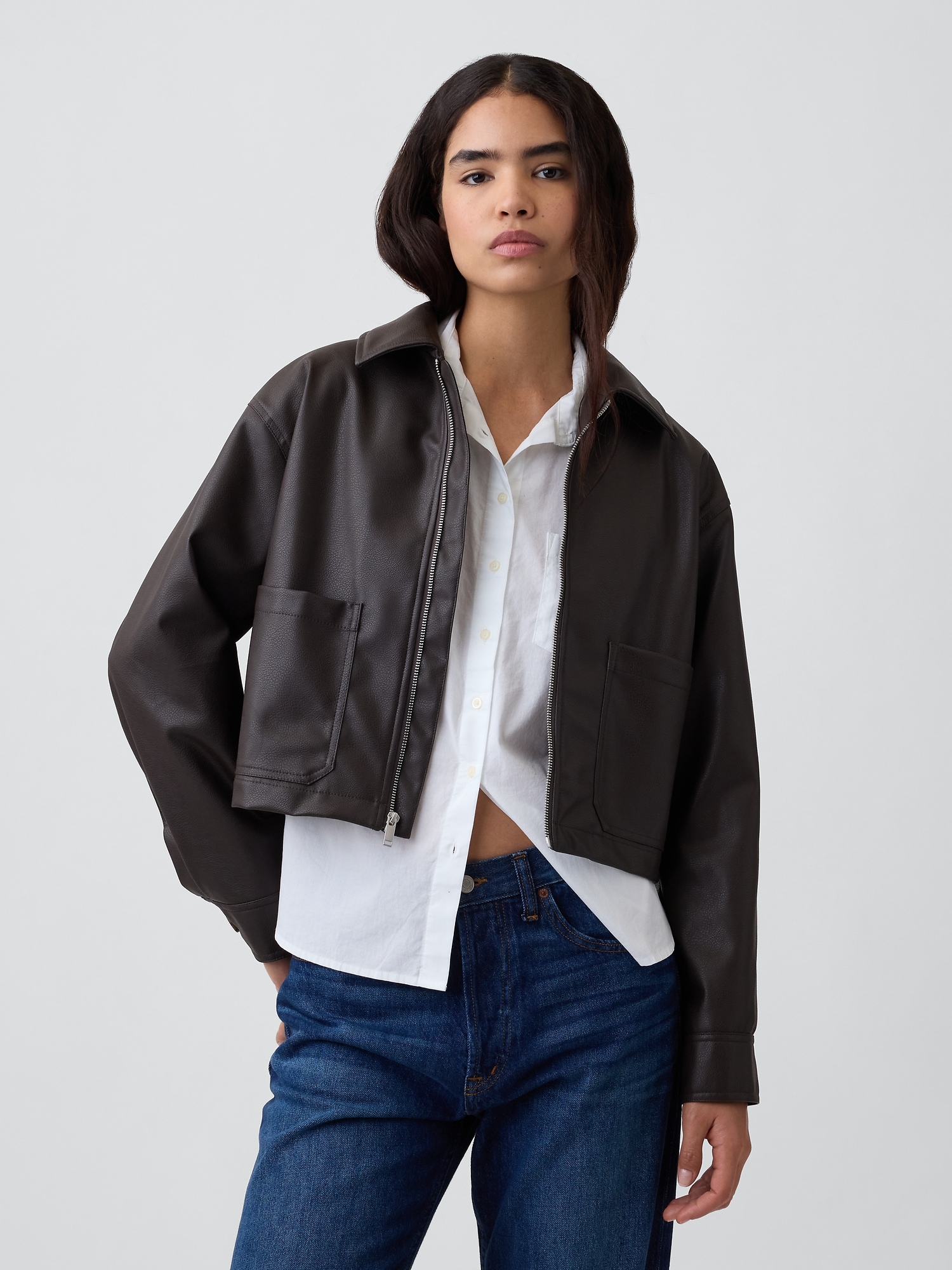 Relaxed Cropped Vegan-Leather Jacket
