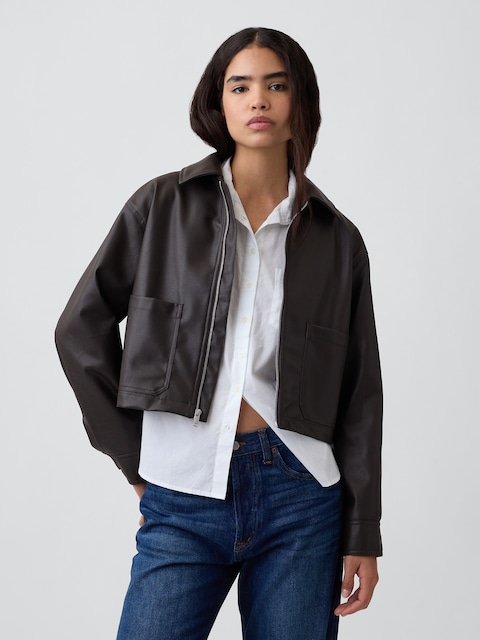 Relaxed Cropped Vegan-Leather Jacket