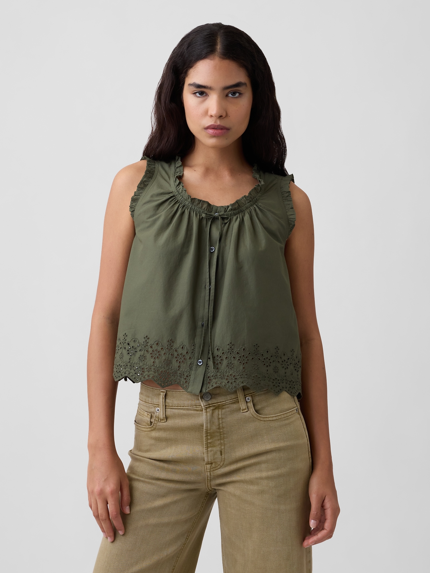 Relaxed Sleeveless Button-Up Top