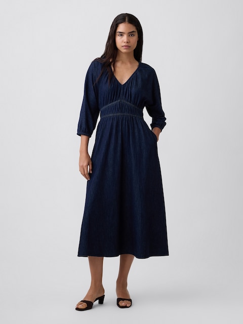 Smocked Denim V-Neck Midi Dress