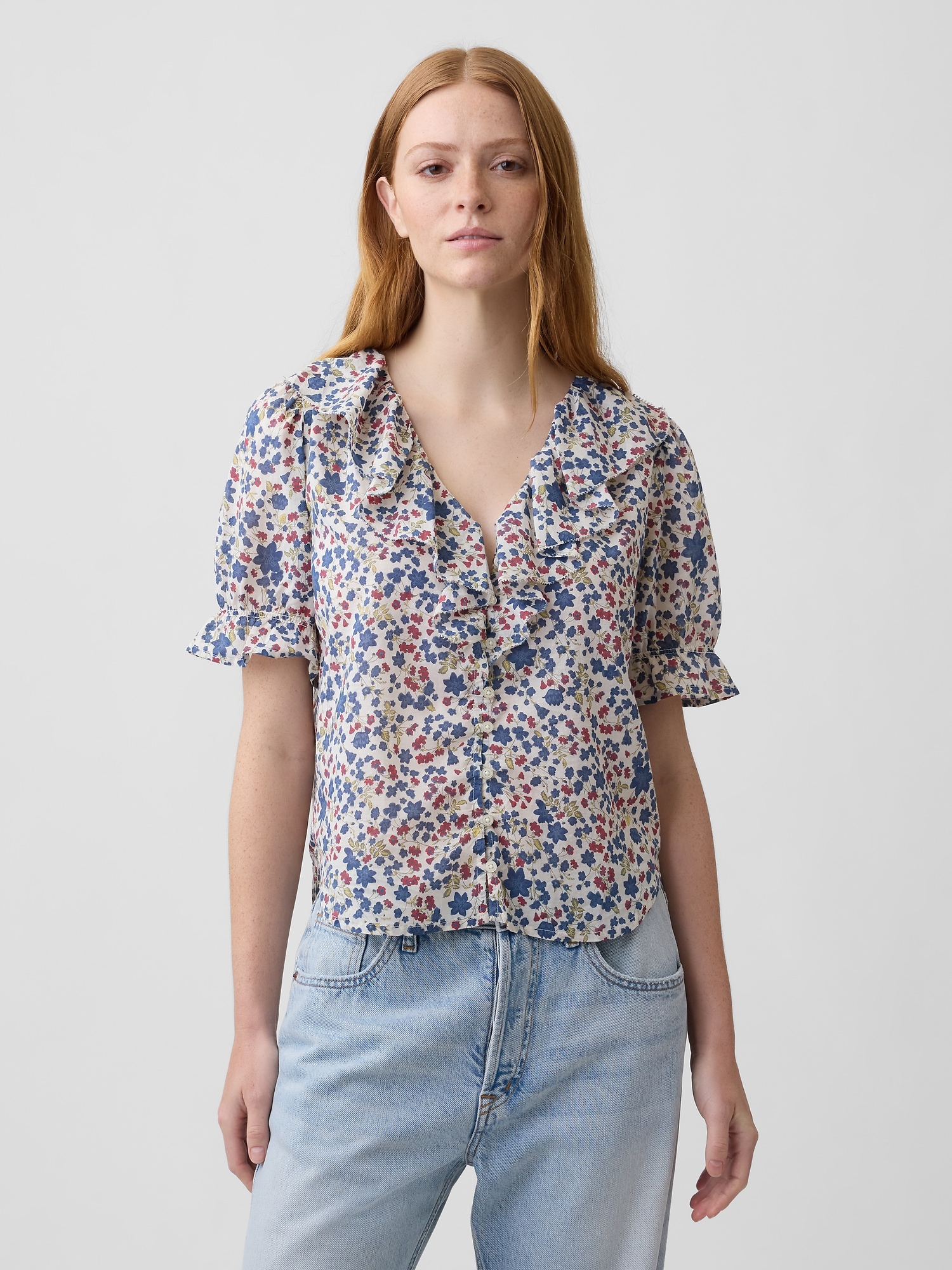 Relaxed V-Neck Ruffle Top