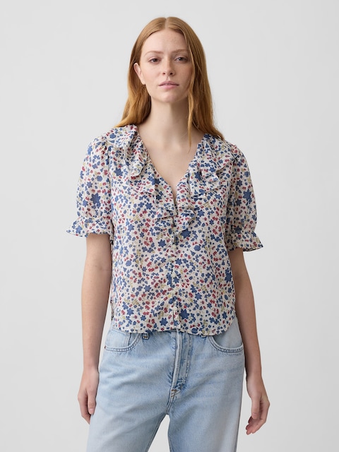 Relaxed V-Neck Ruffle Top