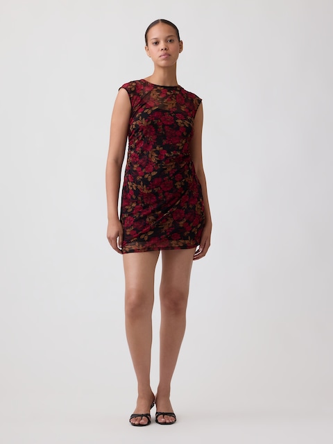 Ruched Mesh Mini Dress