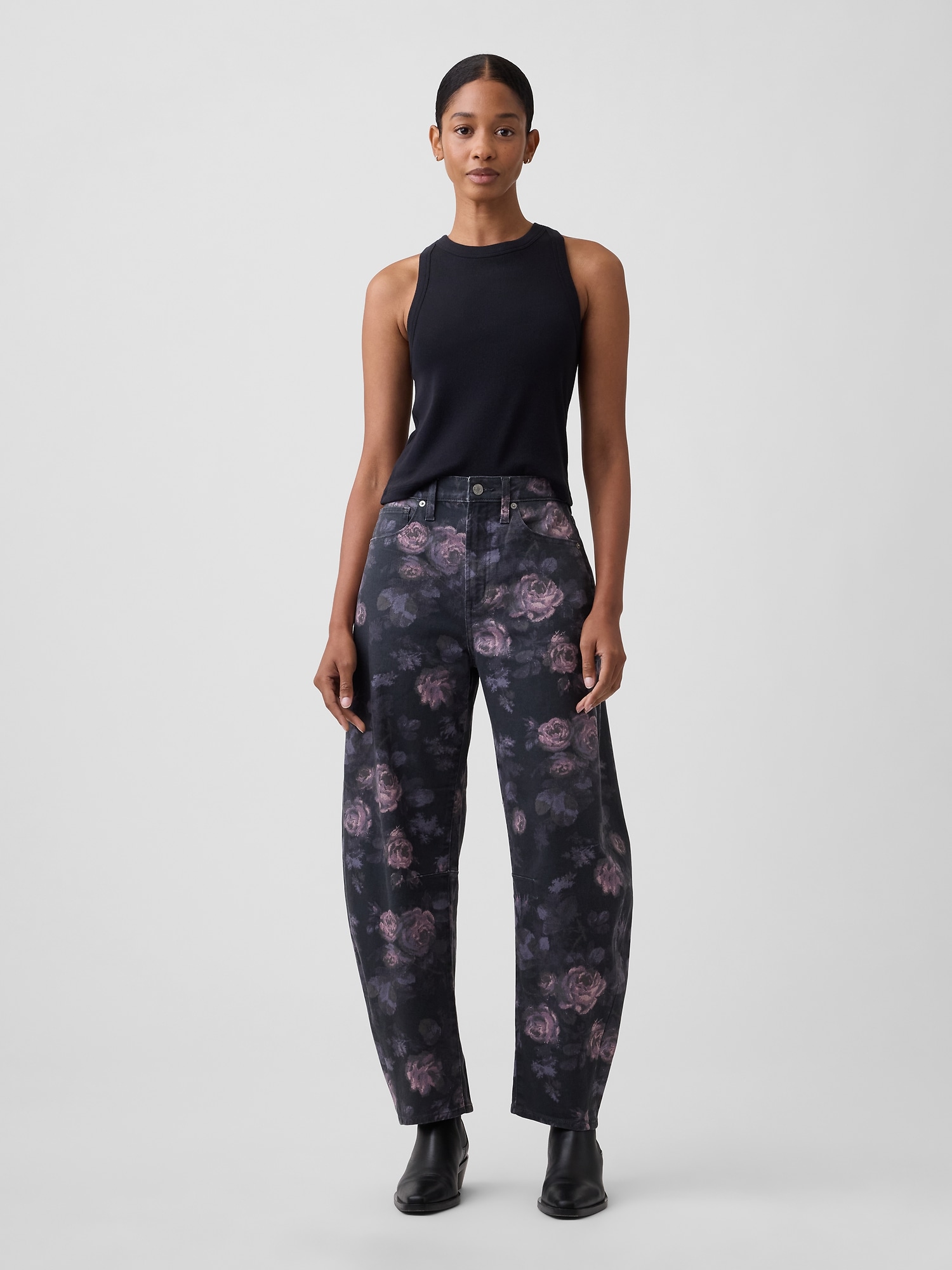 High Rise Print Barrel Jeans