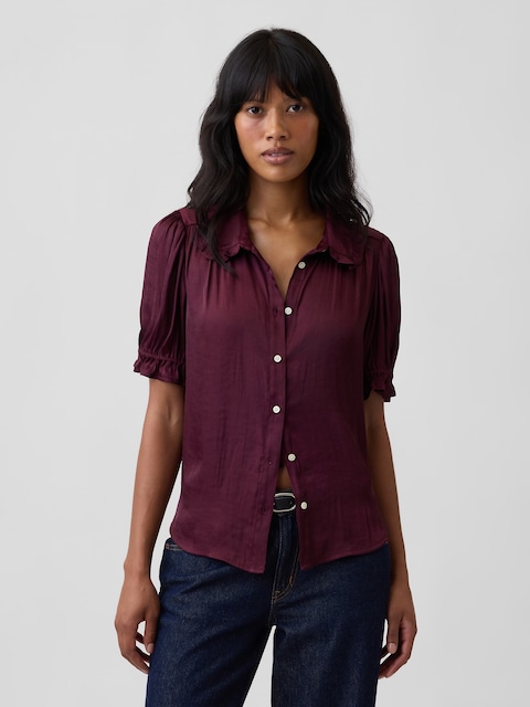 100% Recycled Puff Sleeve Ruffle Shirt