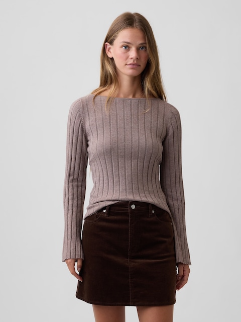 Ribbed Bell Sleeve Boatneck Sweater