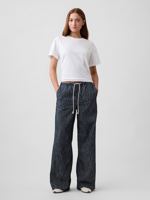 Mid Rise Railroad Stripe Pull-On Wide-Leg Jeans