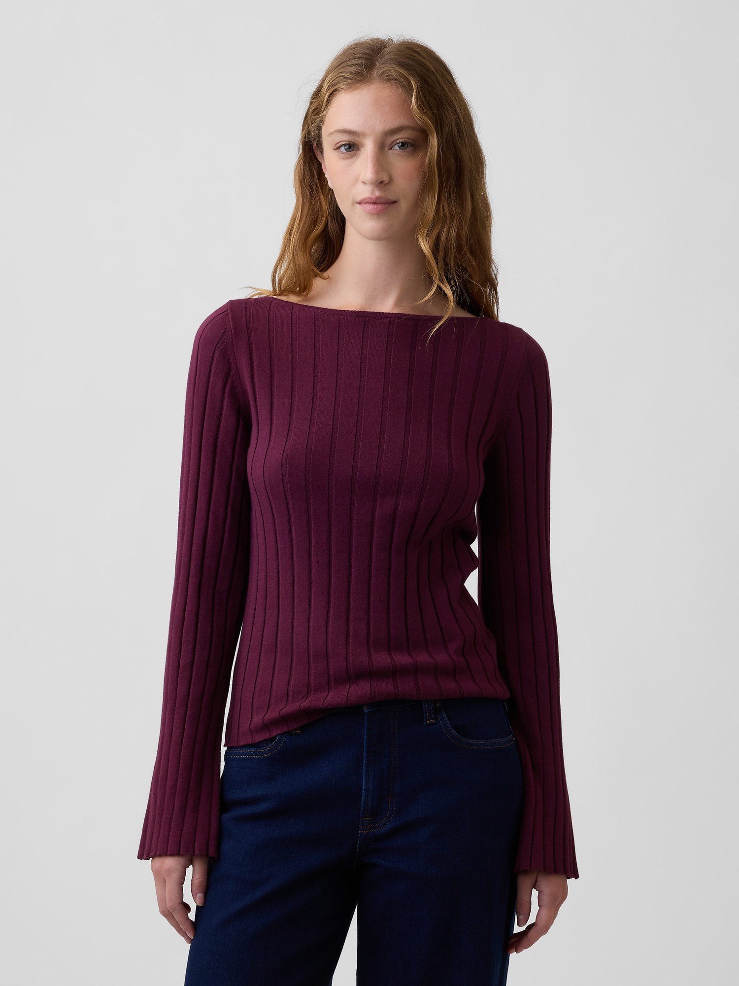 Ribbed Bell Sleeve Boatneck Sweater