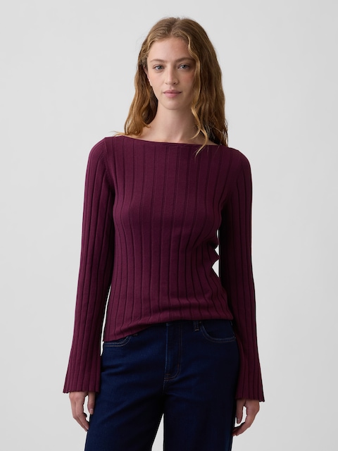 Ribbed Bell Sleeve Boatneck Sweater