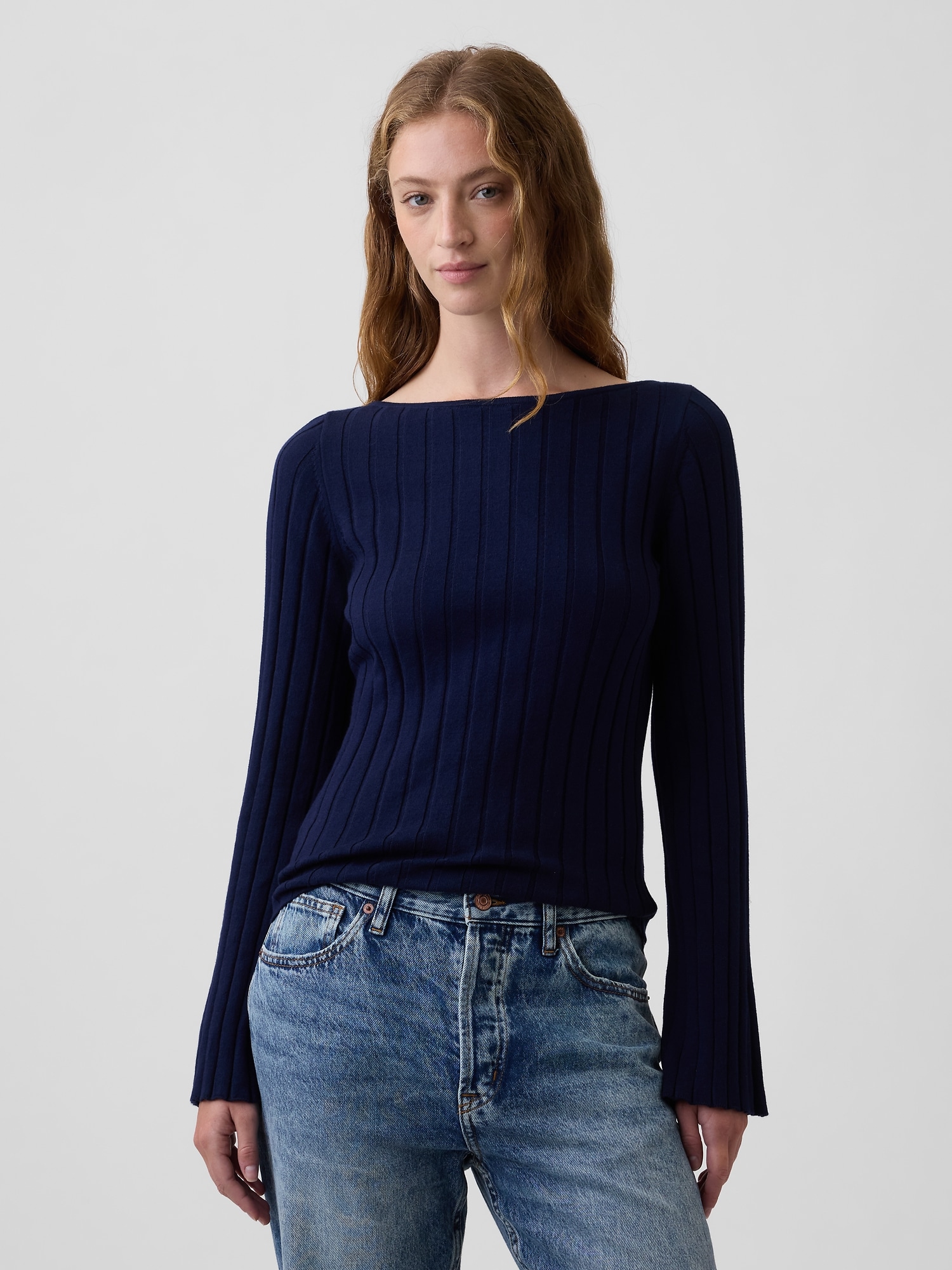 Ribbed Bell Sleeve Boatneck Sweater