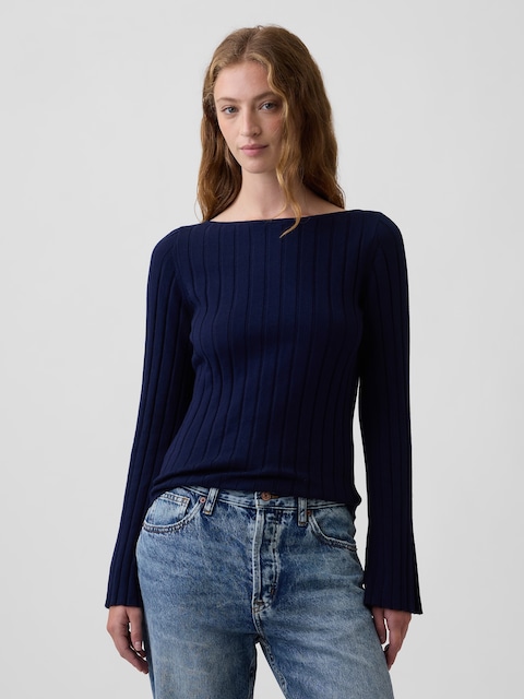 Ribbed Bell Sleeve Boatneck Sweater