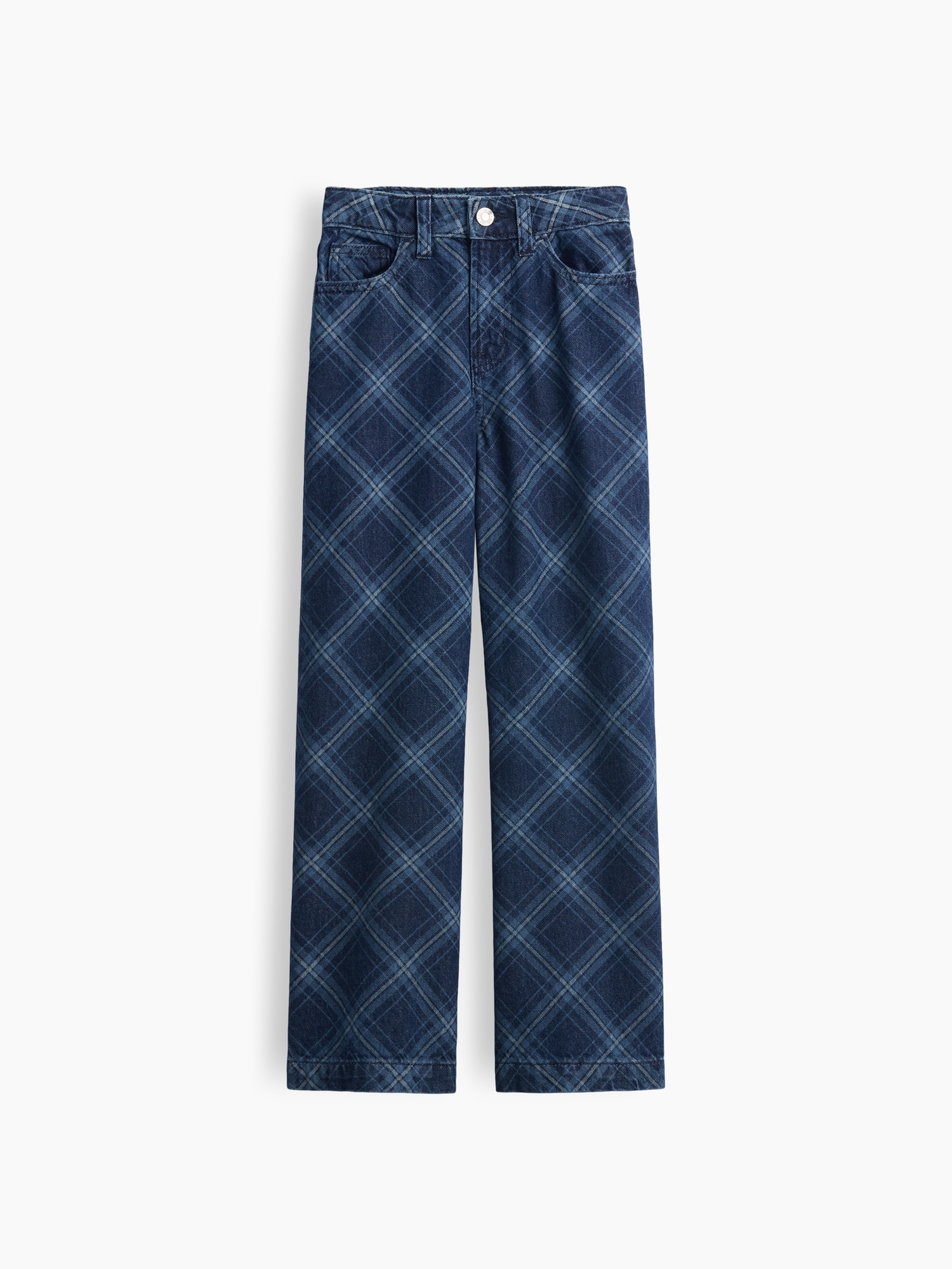 Kids High Rise Wide-Leg Plaid Jeans