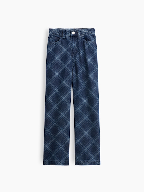 Kids High Rise Wide-Leg Plaid Jeans