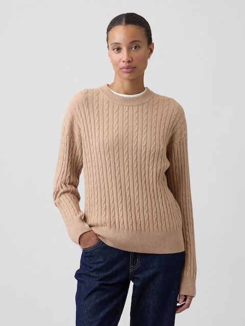 CashSoft Relaxed Cable-Knit Crewneck Sweater