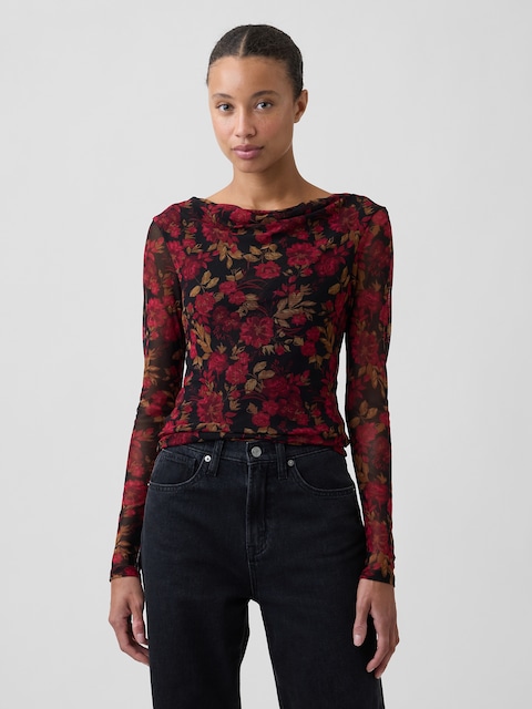 Mesh Cowl-Neck Top