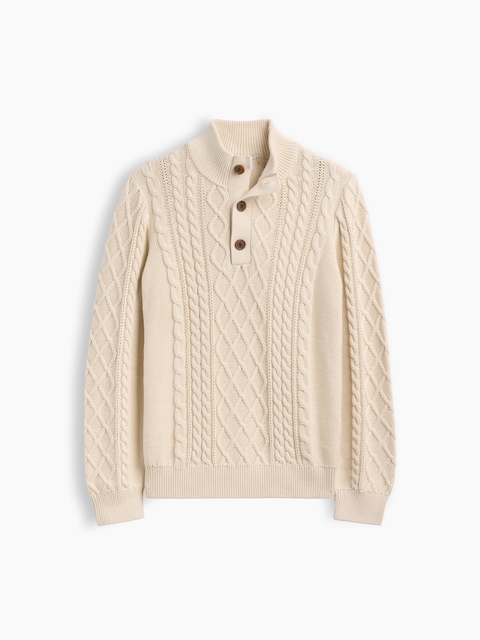 Kids Relaxed Cable-Knit Mockneck Henley Sweater