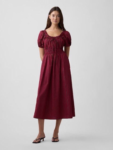 Puff Sleeve Tie-Neck Midi Dress