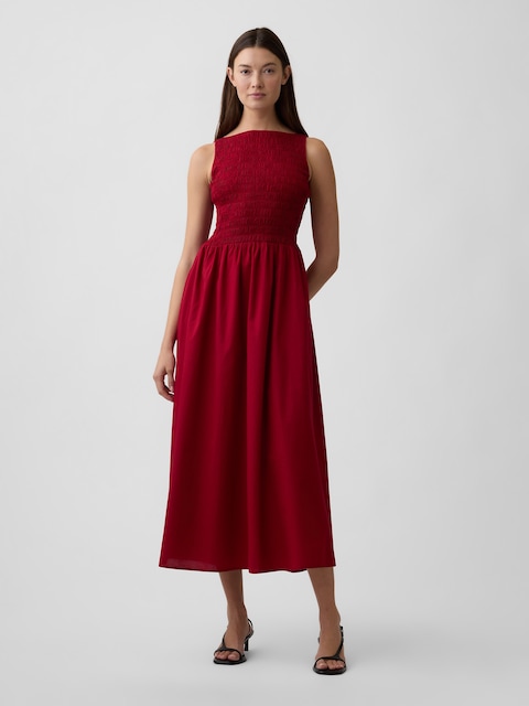 Smocked Boatneck Midi Dress