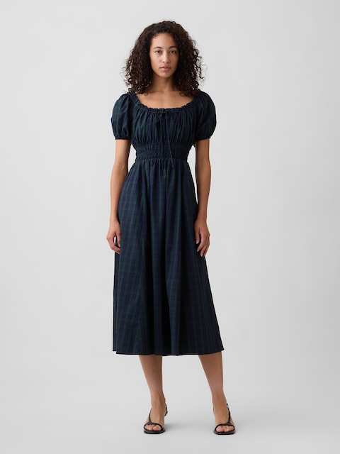 Puff Sleeve Tie-Neck Midi Dress