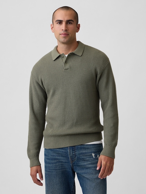 Relaxed Ribbed Polo Sweater