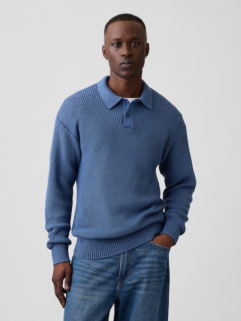 100% Cotton Relaxed Ribbed Polo Sweater