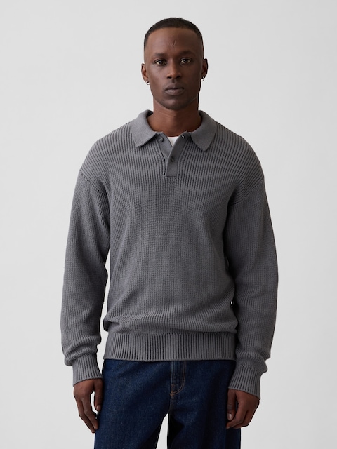 100% Cotton Relaxed Ribbed Polo Sweater