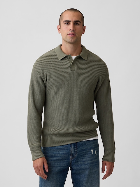 Relaxed Ribbed Polo Sweater